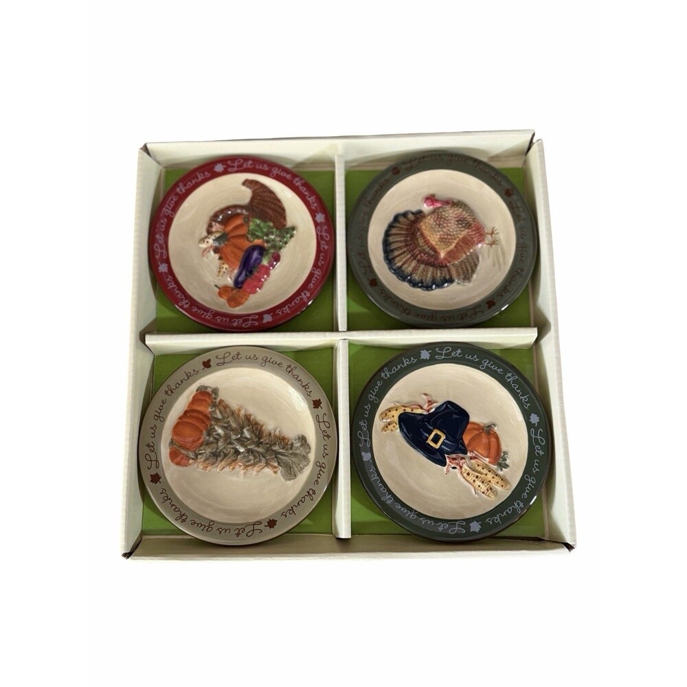 MWW Market Let Us Give Thanks Mini Plate Set of 4 Ceramic Thanksgiving Turkey